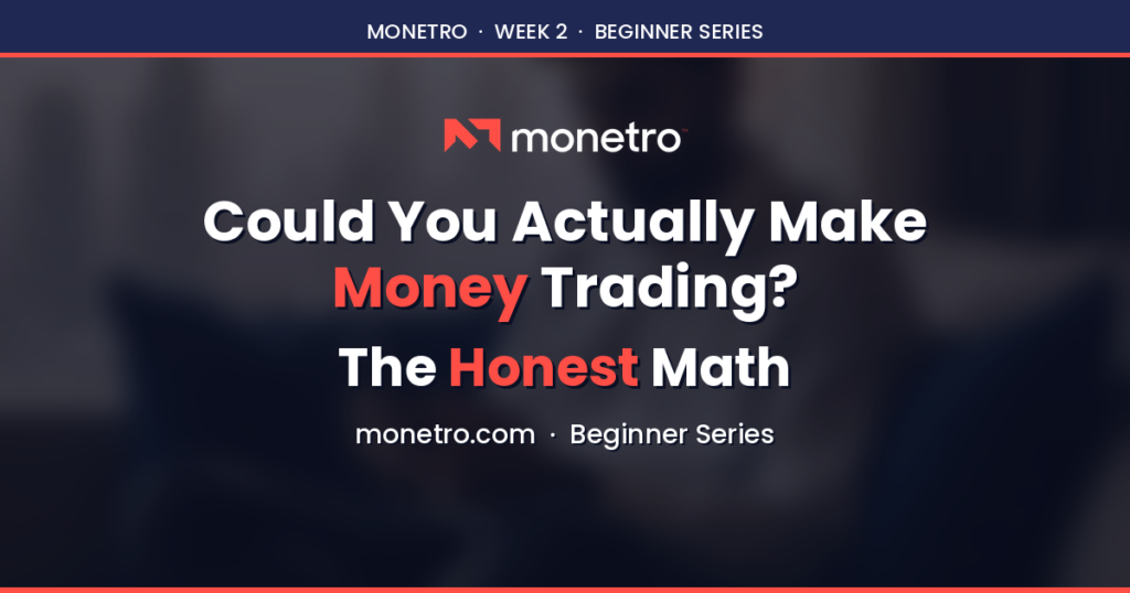 Hero banner for Monetro Beginner Series with logo and the headline 'Could You Actually Make Money Trading? The Honest Math' on a dark blurred background.