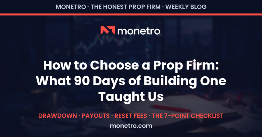 2026-07-28-header - Monetro Hero banner for Monetro blog: bold title 'How to Choose a Prop Firm: What 90 Days of Building One Taught Us' with Monetro logo on a dark desk background and red accents. - Hero banner for Monetro blog: bold title 'How to Choose a Prop Firm: What 90 Days of Building One Taught Us' with Monetro logo on a dark desk background and red accents. - Monetro