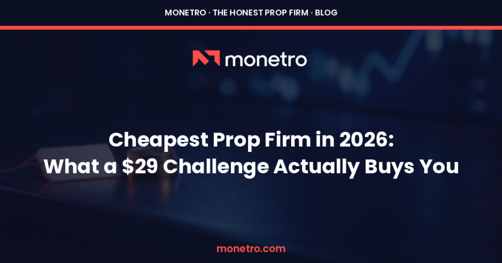 Monetro blog hero: dark background, Monetro logo, and the headline 'Cheapest Prop Firm in 2026: What a $29 Challenge Actually Buys You' with monetro.com at the bottom. - Monetro blog hero: dark background, Monetro logo, and the headline 'Cheapest Prop Firm in 2026: What a $29 Challenge Actually Buys You' with monetro.com at the bottom. - Monetro